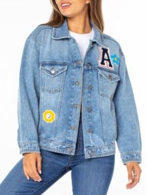Celebrity Pink Distressed Varsity Denim Jacket with Dopamine Daisy Patches